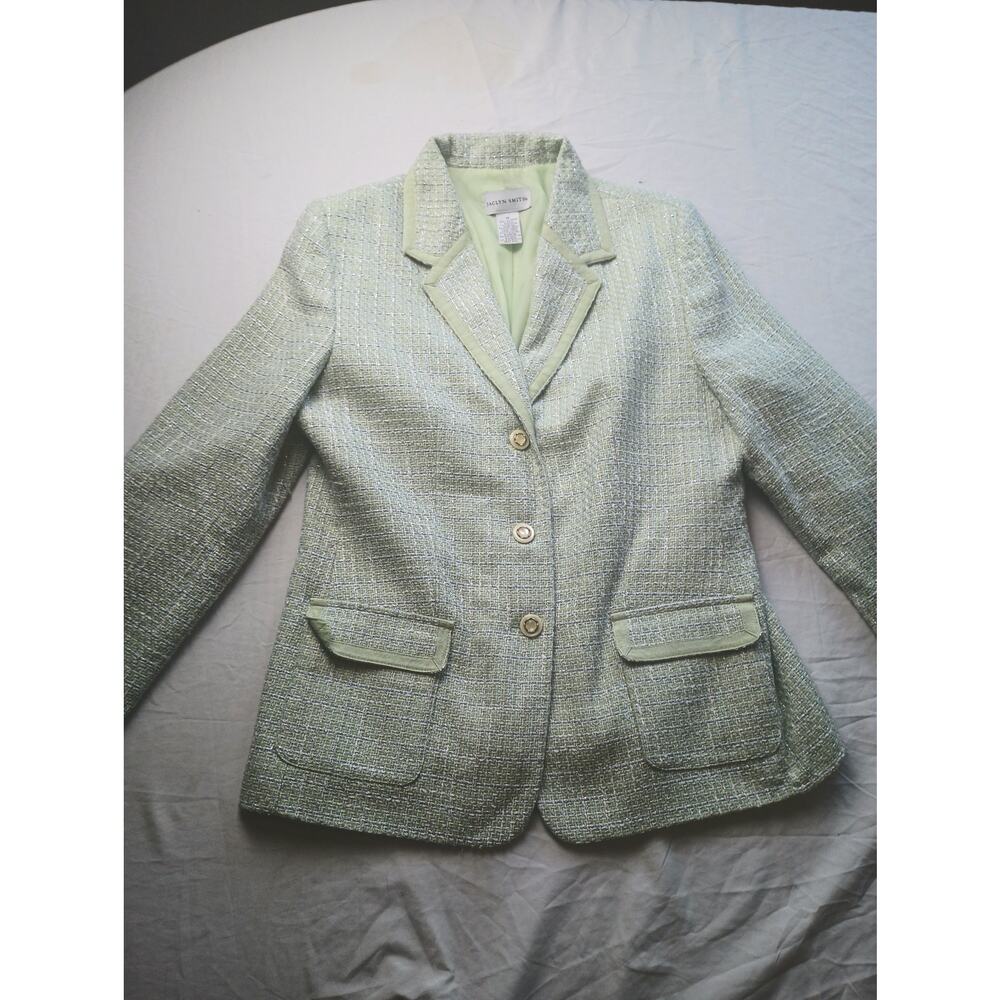 Jaclyn Smith Women Size 12 Green‎ Tweed Dressy Suit Lined Blazer & Skirt Vintage